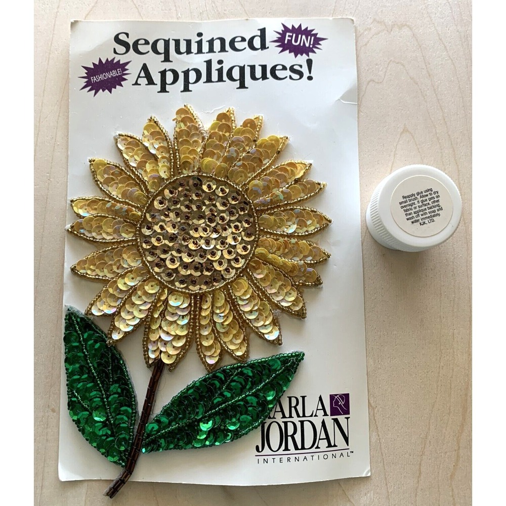 Sunflower Sequined Applique NIP Adhesive Karla Jordan 7" Yellow Green